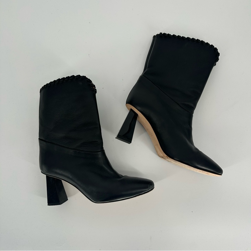 Dear Frances Cher Whipstitched Leather Boots Black Sculptural Heel Womens 37.5 7